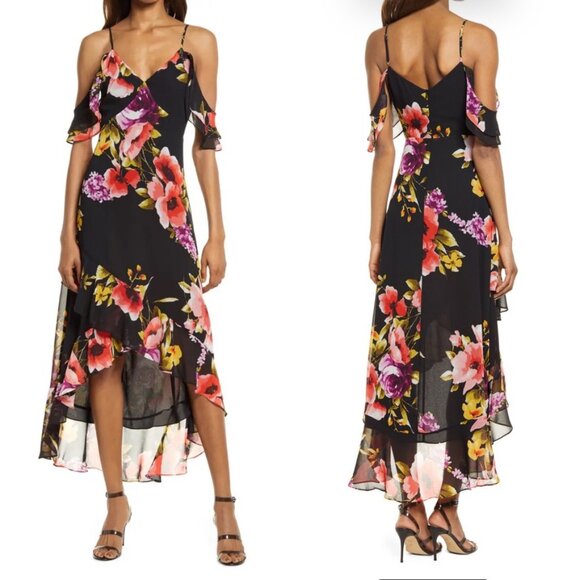 NWT Lulus Love In Bloom Cold Shoulder High-Low Floral Midi Dress Black Sz XS - Picture 1 of 10